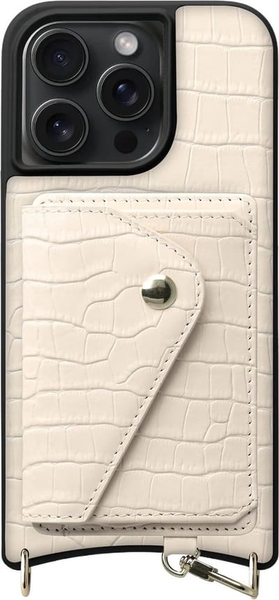 AVY Leren Hoesje Geschikt voor Apple iPhone 15 Pro Max | Met Magnetische Kaarthouder | Compatibel met MagSafe | Leather Case met Wallet | Croco Beige