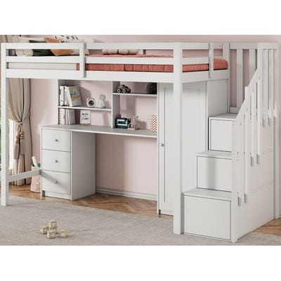 ModernLuxe Houten mezzaninebed 90x200cm - met bureau, kledingkast en opbergtrap - Wit