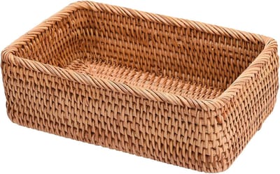 Famanu - Rotan Geweven Manden 20X14X7cm Rechthoek Geweven Fruit Mand Rieten Opbergmanden Planken Organiseren Versieren Voor Entryway Tafel Keuken Aanrecht