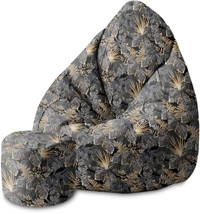 DreamRoots Velvet Zitzak voor Volwassenen – Luxe Beanbag met Voetsteun en Afneembare Hoes – Inclusief Vulling – 80x80x120 cm - Dark Tropical Plants