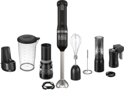 BLACK+DECKER KitchenWand™ 6 in 1 Draadloze Staafmixer – Mengkom 0,7L – Hakmolen - Wijnfles Opener - Zout en Pepermolen - Blikopener - Melkopschuimer - Garde - Zwart