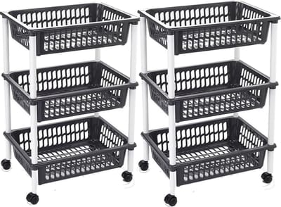Plasticforte keukentrolley/badkamer trolley - Set van 2x stuks - op wieltjes - 3-laags - zwart - kunststof - 40 x 30 x 61,5 cm