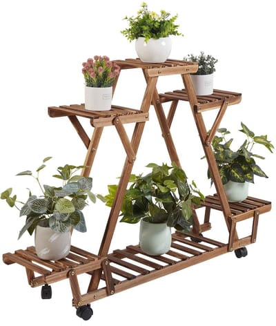 CORE Driehoekvormige Plantenstandaard - Plant plank - Plantenrek - Bloembot display - Met 6 planken en wielen - 90x25x80cm - Bruin