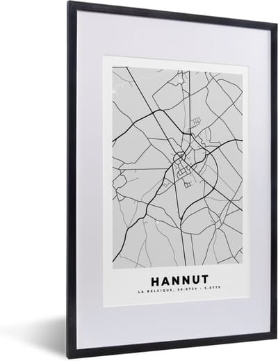 Fotolijst incl. Poster Zwart Wit- Zwart Wit – België – Plattegrond – Stadskaart – Kaart – Hannut - 40x60 cm - Posterlijst