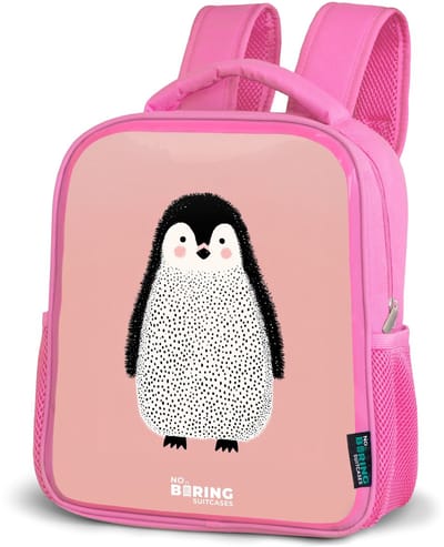 NoBoringSuitcases.com® - Rugzak roze - Schooltas meisjes - Pinguïn - Stippen - Roze - Minimalistisch - Kinder rugtas meisje - Boekentas kind - Kinderrugzak voor school - Schoolrugzak