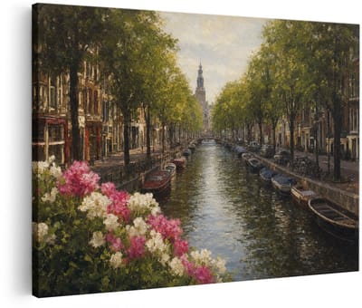 Artaza Canvas Schilderij Amsterdam Gracht - Stad - Groen - 90x60 cm - Wanddecoratie Woonkamer - Schilderijen - Muurdecoratie