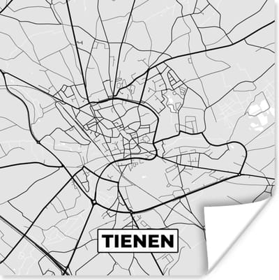 Poster Stadskaart – Zwart Wit - Kaart – Tienen – België – Plattegrond - 100x100 cm XXL