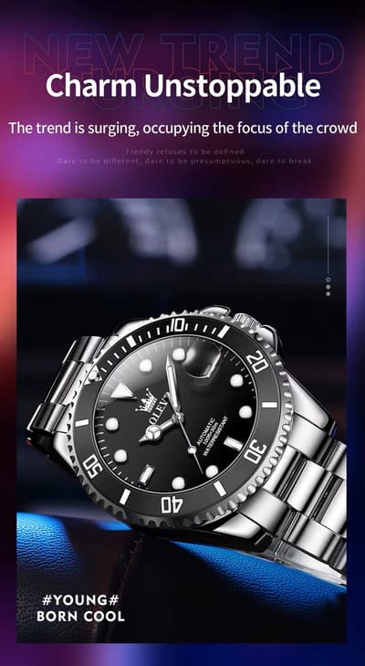 DRX OLEVS Heren Horloge Automaat Waterdicht Mechanisch Horloge RVS Zilver-Zwart Night Glow Luxe Volautomatische Horloge