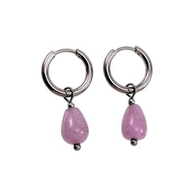 ∅14mm x 2mm Oorringen Dames - Zilverkleur RVS - Oorringen met Druppel Paarse Engeliet Steen Hangertjes - Bungelende Oorbellen