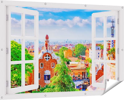 Gards Tuinposter Doorkijk Park Güell in Barcelona - Kleurrijk - 150x100 cm - Tuindoek - Tuindecoratie - Wanddecoratie buiten - Tuinschilderij