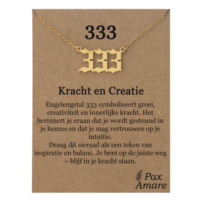 333 Engelen Getal Ketting op Cadeau Kaartje - Goudkleurig - Stainless Steel Spirituele Hanger - 45cm + 5cm verstelbaar - Pax Amare