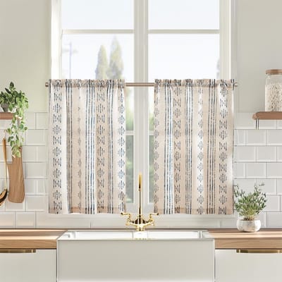 Unyqoos® Stijlvolle Linnenlook Vitrage Bistrogordijnen voor Keuken en Eetkamer in Boerderij Stijl, Set van 2, Blauw op Beige, 65 x 90 cm