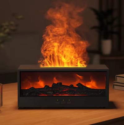 Flame LED Aroma Diffuser Zwart – Sfeervolle Luchtbevochtiger met Vlam Effect – Aromatherapie – Meerkleurige LED – Timerfunctie – Stil & Modern