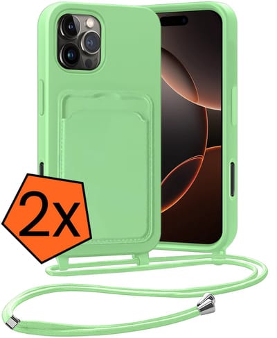 Hoesje Geschikt voor iPhone 16 Pro Hoesje Met Telefoonketting Pasjeshouder Case Koord - Hoesje Geschikt voor iPhone 16 Pro Hoes Met Kaarthouder - Groen - 2 PACK