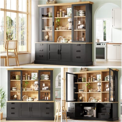 Keukenkast - 140x185 cm - Met 6 Laden en Glazen Deuren - Met Metalen Rails - Hout - Zonder Kleur