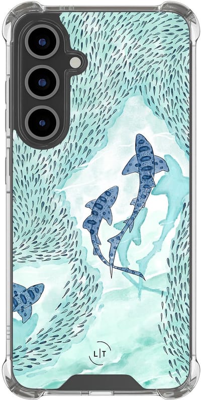 Shockproof hoesje - Geschikt voor Samsung Galaxy S24 FE - Baby shark - Extra sterke case - TPU/polycarbonaat - Print / Illustratie - Blauw, Transparant