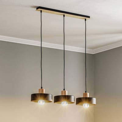Emibig Lolland lange zwarte hanglamp met houtafwerking natuur 3x E27 - Perfecte verlichting voor jouw woonkamer