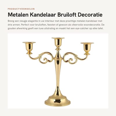Dailygoods- Kandelaar 3-armig - Gouden Kandelaar - Metalen Kandelaar - Woondecoratie - Bruiloft - Hoogte 25 cm - Kaarsenhouder