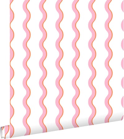ESTAhome behang golvende strepen roze, oranje en wit - 50 x 900 cm - 131722