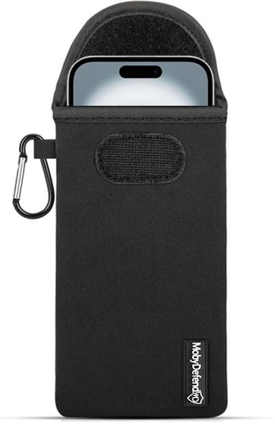 MobyDefend Hoesje - Geschikt voor iPhone 16 - Neopreen Pouch Met Karabijnhaak - Insteek - Riemlus - Zwart