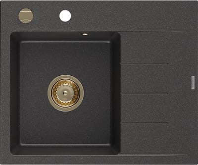 Mexen Ben granieten spoelbak met 1 bak en afdruiprek, links 600 x 500 , zwart gespikkeld, gouden sifon - 6522605000-76-G