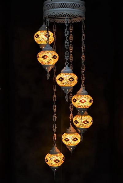Hanglamp multicolour bruin zwart wit glas mozaïek Oosterse lamp kroonluchter Crèmewit 7 bollen