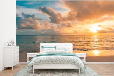Behang - Fotobehang Strand - Zomer - Zonsondergang - Wolken - Zee - Breedte 320 cm x hoogte 240 cm