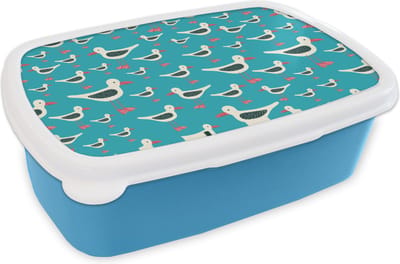 Broodtrommel Blauw - Lunchbox - Brooddoos - Retro - Zeemeeuw - Patronen - Kind - 18x12x6 cm - Kinderen - Jongen