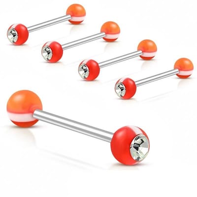 Aramat Jewels | Tongpiercings | Gestreept Oranje Acryl Tongpiercing met Kristal | | | |6mm | Staal | Volwassenen | Verkleurd niet