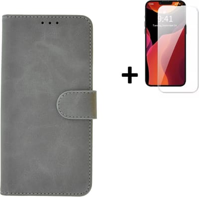 MoDo hoesje Geschikt voor iPhone 14 Plus - Kunstleer Book Case - Grijs hoesje met screenprotector