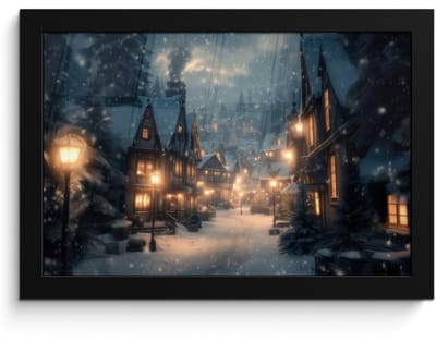 Poster in lijst - Fotolijst 30x20 cm - Posters - Winterdorp - Sneeuw - Donker - Posterlijst zwart - Decoratie - Wanddecoratie woonkamer - Muurdecoratie slaapkamer