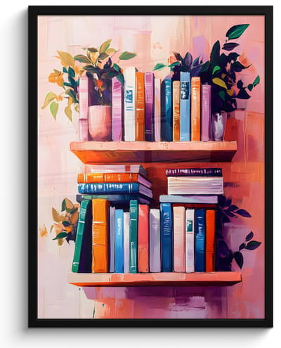 Poster in lijst - Fotolijst 50x70 cm - Posters - Planken - Boeken - Bladeren - Posterlijst zwart - Decoratie - Wanddecoratie woonkamer - Muurdecoratie slaapkamer