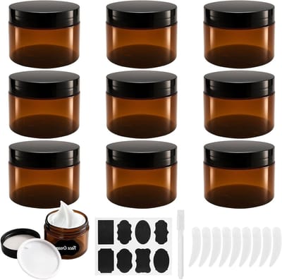 Set van 9 lege 120 ml crèmepotjes, bruine plastic potten voor cosmetica, lotions en crèmes met deksel en liner, inclusief lepel en stickers voor eenvoudig vullen