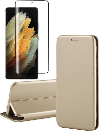 Hoesje geschikt voor Samsung Galaxy S21 Ultra - Screen Protector GlassGuard - Book Case Kunstleer ThinShield Goud & Screenprotector