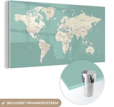 ® Glasschilderij 80x40 cm - Schilderij acrylglas - Wereldkaart - Staatkundig - Turquoise - Foto op glas - Muurdecoratie woonkamer - Wanddecoratie slaapkamer - Schilderijen