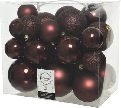 Decoris Kerstballen - 26x st - mahonie bruin - 6-8-10 cm - kunststof - kerstversiering
