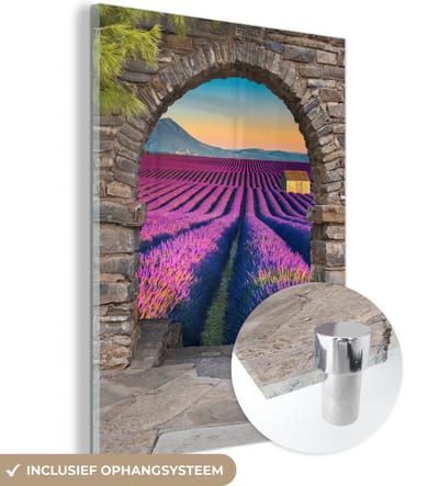 MuchoWow® Glasschilderij 30x40 cm - Schilderij acrylglas - Lavendel - Avond - Doorkijk - Bloemen - Foto op glas - Schilderijen