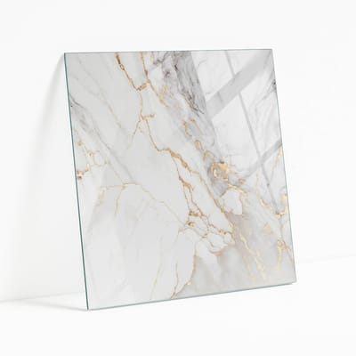 Wallfluent - Elegant Geaderd Marmer Gehard Glas - 50 x 50 cm - Wit Glazen Tafelblad - Vierkant Tafelblad Glas - Glasplaat Tafel - Gehard Glazen Tafelblad Voor de Eettafel in de Eetkamer