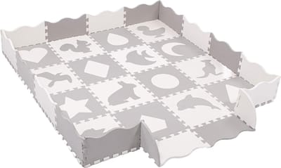Springos Speelmat | Speelmat Foam | Puzzelmat | Figuren | Dieren | 16 Puzzelstukken | Crème/Grijs | 150 x 150 cm