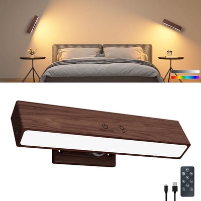 Oplaadbare Houten Wandlamp met Afstandsbediening en Touch Bediening, Dimbare Leeslamp met 3 Kleurtemperaturen en RGB