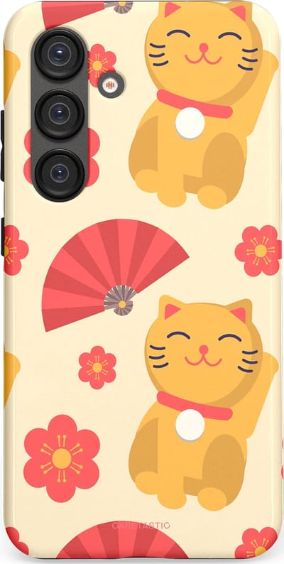 Casetastic hoesje geschikt voor Samsung Galaxy S25 - Dubbellaagse bescherming - Japanse Poezenvreugde - Lucky Cats - Fashion Case - Crème Koraal Goud