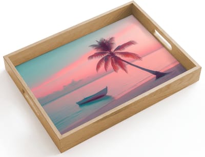 Dienblad hout 40x30 cm - Schootdienblad - Zee - Boot - Zonsondergang - Borrelplank rechthoek - Plateau dienbladen