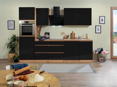 Goedkope keuken 280  cm - complete keuken met apparatuur Lorena  - Eiken/Zwart - soft close - keramische kookplaat - vaatwasser - afzuigkap - oven    - spoelbak