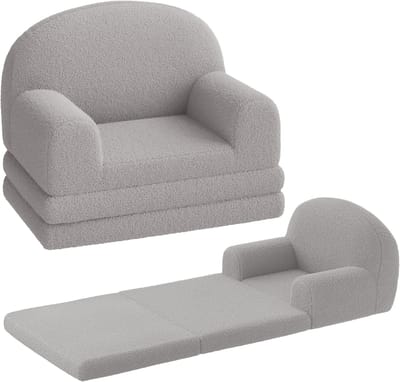 2-in-1 kinderverelbank - opvouwbare kinderfauteuil & ligstoel van schuim, zachte sherpa stof, licht & veilig voor kinderkamer - Grijs