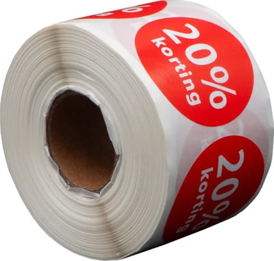 500 Etiketten Rond 20% korting Rood - 35 mm op Rol - Kortingssticker - Reclame sticker - Ronde stickers - DULA