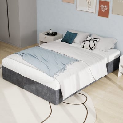 MODFU - Bedframe 160x200 cm – Geometrisch hoofdbord met siernagels – Grijs