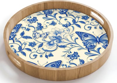 Dienblad rond 40x40 cm - Schootdienblad hout - Vlinders - Bloemen - Blauw - Botanisch - Borrelplank rechthoek - Plateau houten dienbladen