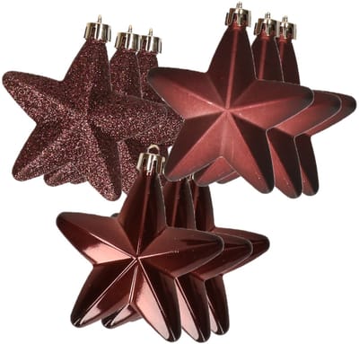 Decoris kersthanger sterren - 12x st - mahonie bruin - 7 cm - kunststof - kerstornamenten - kerstversiering