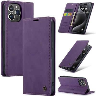 Casemania Hoesje voor Apple iPhone 15 - Dark Purple - Dunne Portemonnee Book Case - Slim Wallet Case met Pasjeshouder