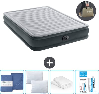 Intex Luchtbed - 2-Persoons - 152 x 203 x 33 cm - Grijs - Inclusief pomp - Hoeslaken - Kussen - Reparatieset en Kussenbeschermer